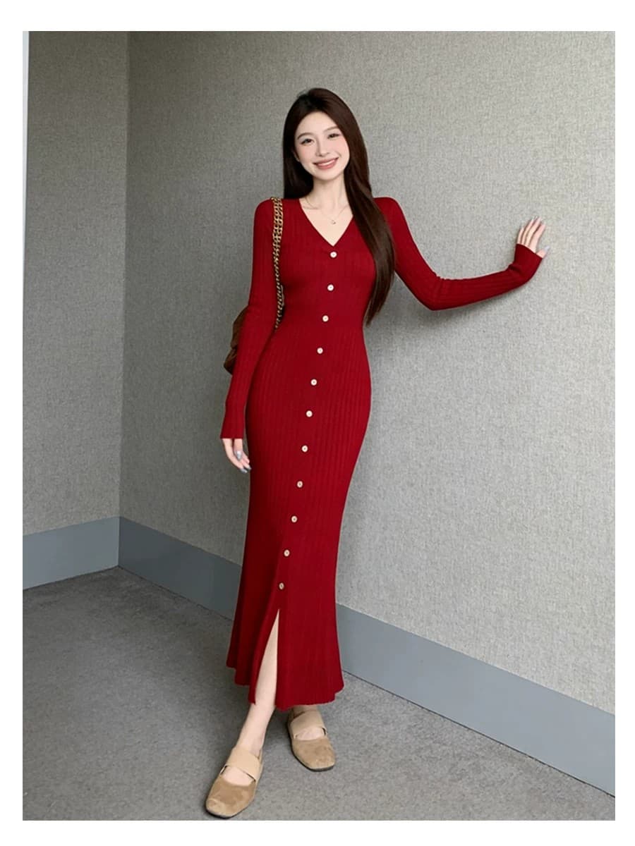 빛 럭셔리 작은 샤넬 스타일 V넥 봄 가을 긴팔 니트 드레스 허리 수축 A라인 스커트 몸매 가꾸기 롱 코트 인사이드 가져 가라. 스웨터 드레스 상세 이미지 12