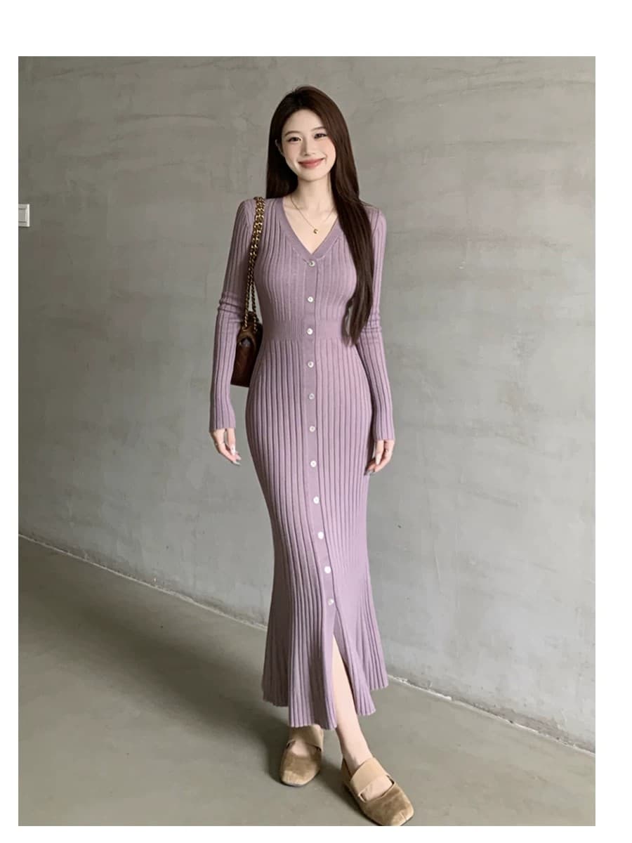 빛 럭셔리 작은 샤넬 스타일 V넥 봄 가을 긴팔 니트 드레스 허리 수축 A라인 스커트 몸매 가꾸기 롱 코트 인사이드 가져 가라. 스웨터 드레스 상세 이미지 16
