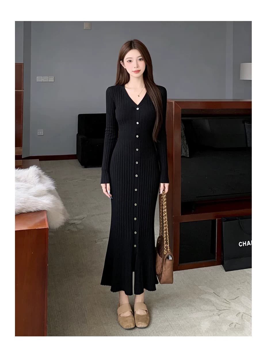 빛 럭셔리 작은 샤넬 스타일 V넥 봄 가을 긴팔 니트 드레스 허리 수축 A라인 스커트 몸매 가꾸기 롱 코트 인사이드 가져 가라. 스웨터 드레스 상세 이미지 23