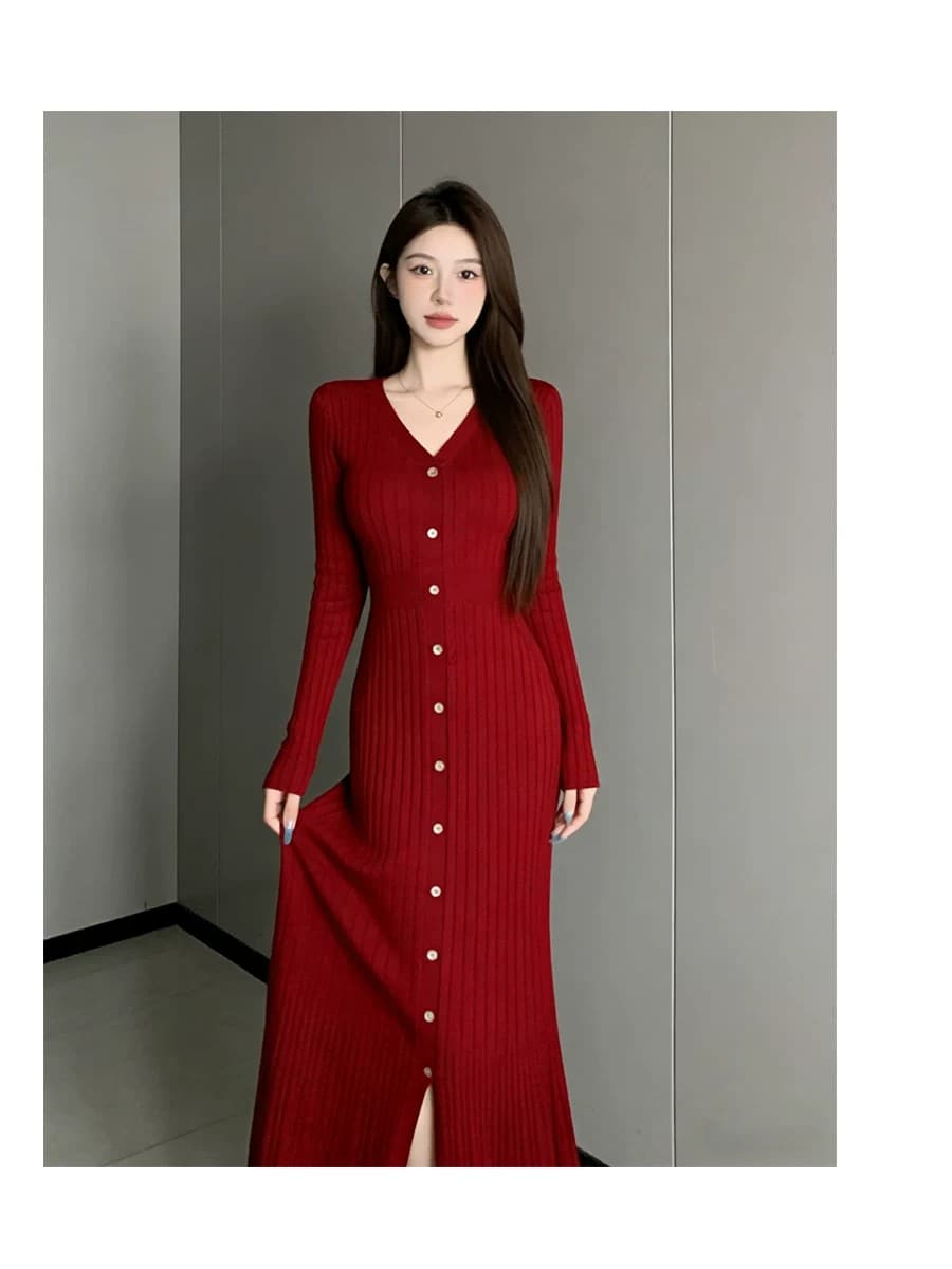 빛 럭셔리 작은 샤넬 스타일 V넥 봄 가을 긴팔 니트 드레스 허리 수축 A라인 스커트 몸매 가꾸기 롱 코트 인사이드 가져 가라. 스웨터 드레스 상세 이미지 30