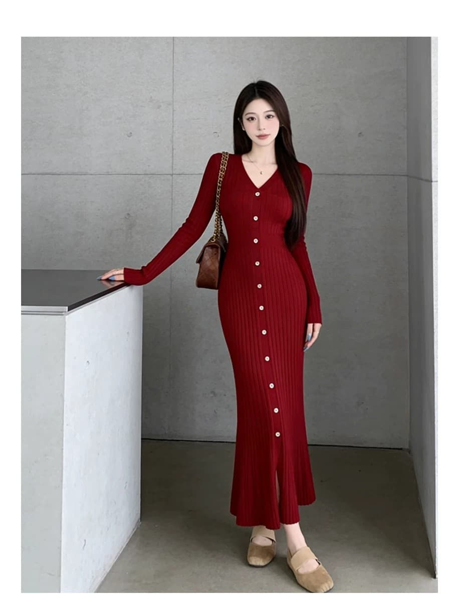 빛 럭셔리 작은 샤넬 스타일 V넥 봄 가을 긴팔 니트 드레스 허리 수축 A라인 스커트 몸매 가꾸기 롱 코트 인사이드 가져 가라. 스웨터 드레스 상세 이미지 32
