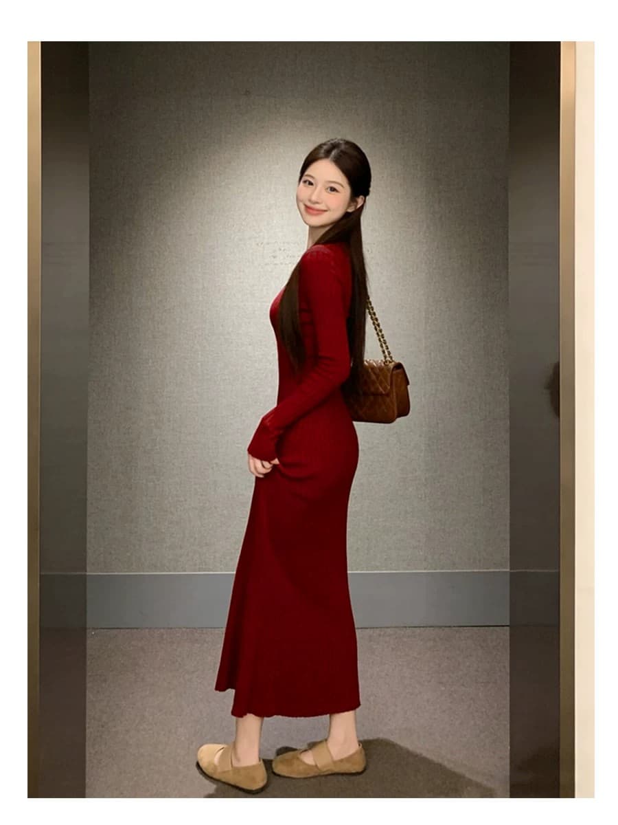 빛 럭셔리 작은 샤넬 스타일 V넥 봄 가을 긴팔 니트 드레스 허리 수축 A라인 스커트 몸매 가꾸기 롱 코트 인사이드 가져 가라. 스웨터 드레스 상세 이미지 33
