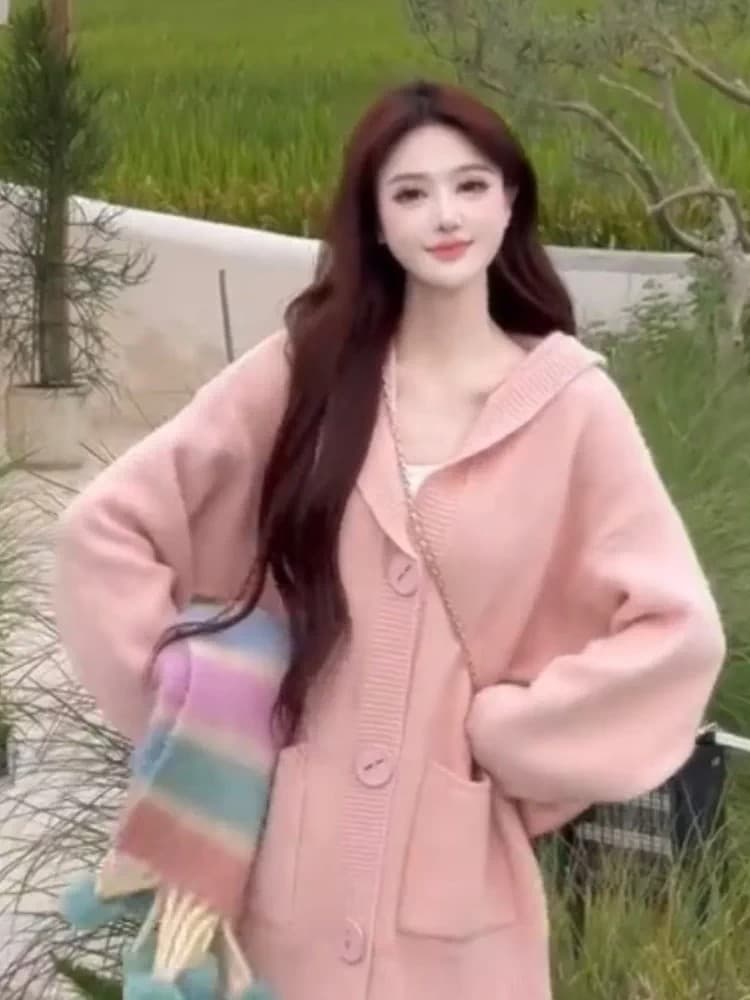 봄 가을 사탕 색상 후드 니트 오픈 가디건 여성 느긋한 바람 루즈핏 슬림해 보이는 스웨터 코트 연령 감소 다용도 이미지 2