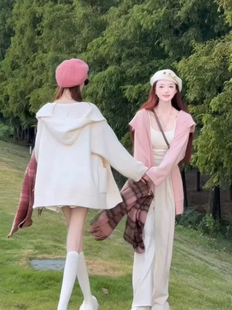 봄 가을 사탕 색상 후드 니트 오픈 가디건 여성 느긋한 바람 루즈핏 슬림해 보이는 스웨터 코트 연령 감소 다용도