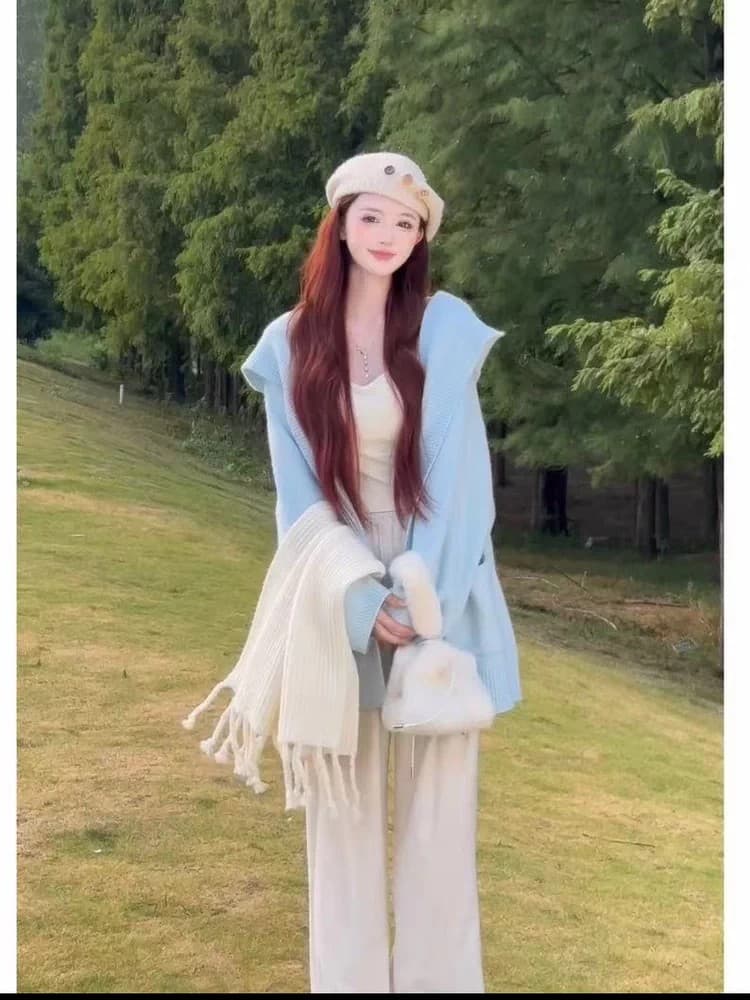 봄 가을 사탕 색상 후드 니트 오픈 가디건 여성 느긋한 바람 루즈핏 슬림해 보이는 스웨터 코트 연령 감소 다용도 이미지 3
