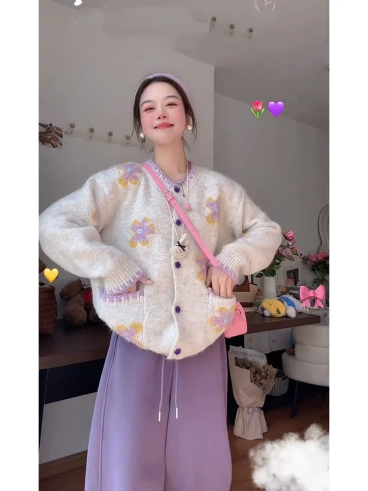 레트로 디자인 센스 꽃 자카드 배색 스웨터 여성 코트 봄 새로운 달콤함 부드러운 연령 감소 니트 오픈 가디건 이미지 4