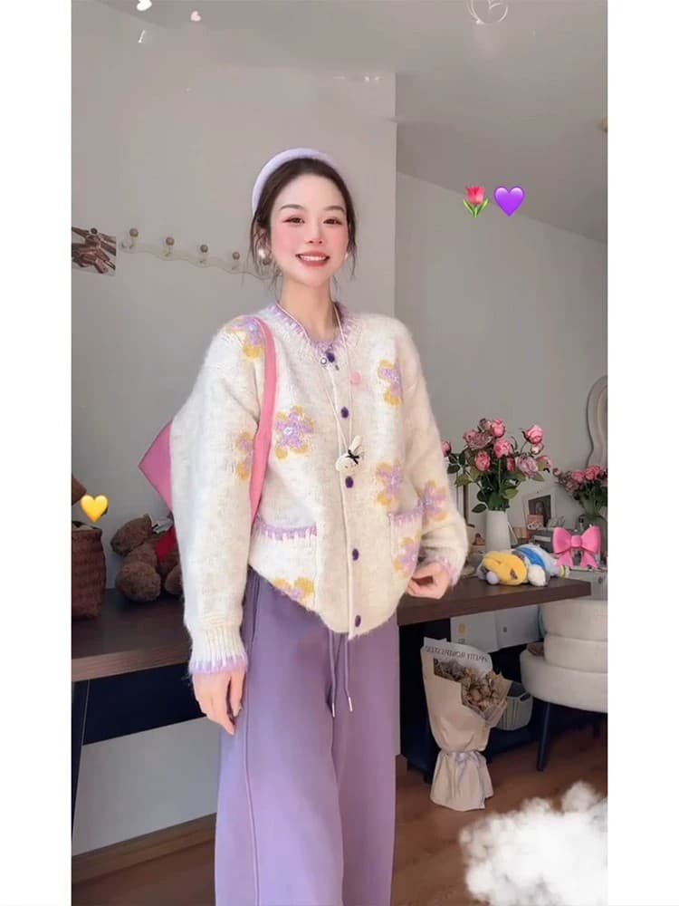 레트로 디자인 센스 꽃 자카드 배색 스웨터 여성 코트 봄 새로운 달콤함 부드러운 연령 감소 니트 오픈 가디건 상세 이미지 3