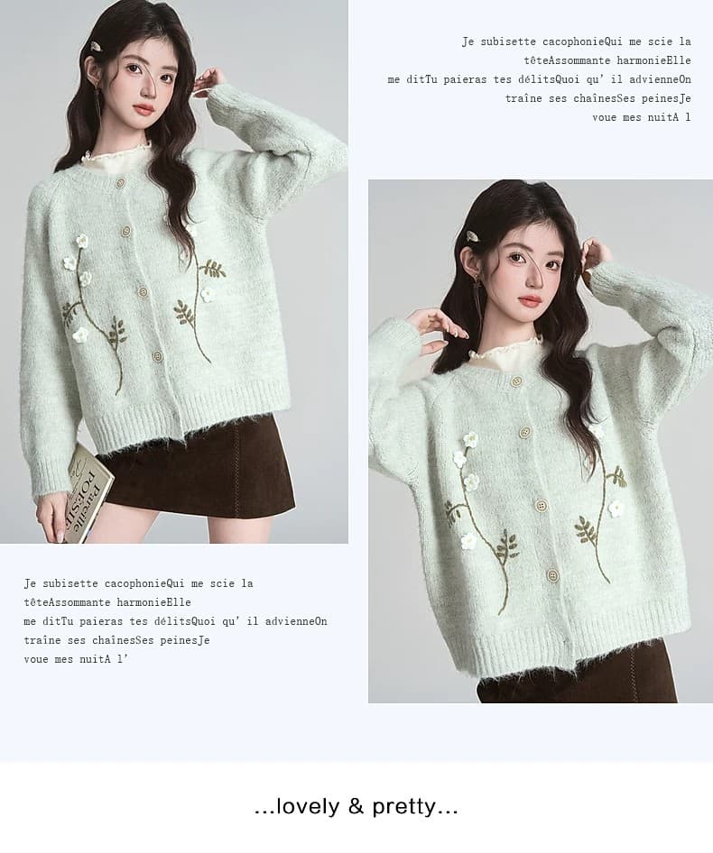 2026 이른 가을 새로운 자수 달콤함 꽃 라운드 넥 니트 카디건 코트 상세 이미지 16