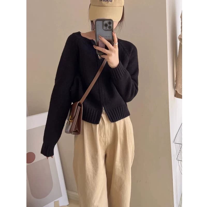 작은 샤넬 스타일 가을 겨울 새로운 여성 의류 느긋한 바람 빨간색 니트 오픈 가디건 스웨터 루즈핏 슬림해 보이는 캐주얼 재킷 맨위 이미지 3