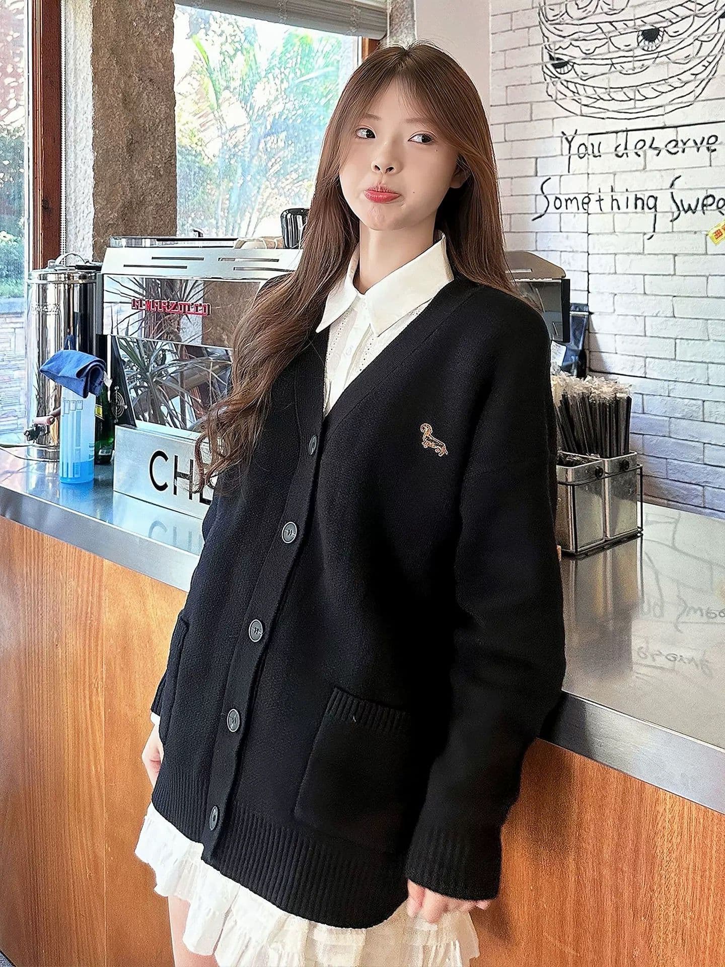 한 부서 느긋한 스웨터 여성 코트 가을 검정색 V넥 니트 오픈 가디건 루즈핏 슬림해 보이는 학원 스타일 부드러운 찹쌀 맨위 상세 이미지 3