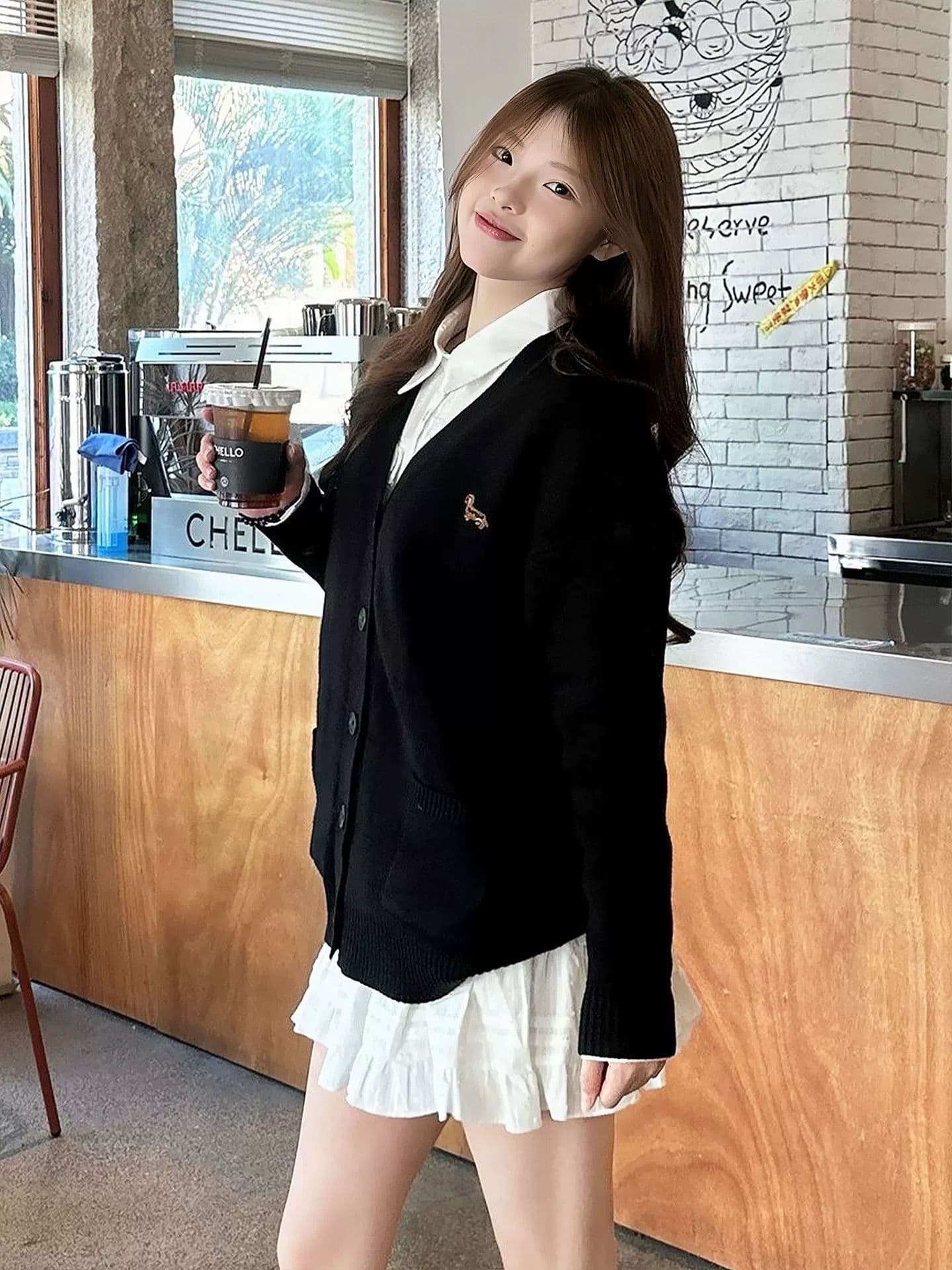 한 부서 느긋한 스웨터 여성 코트 가을 검정색 V넥 니트 오픈 가디건 루즈핏 슬림해 보이는 학원 스타일 부드러운 찹쌀 맨위 상세 이미지 5