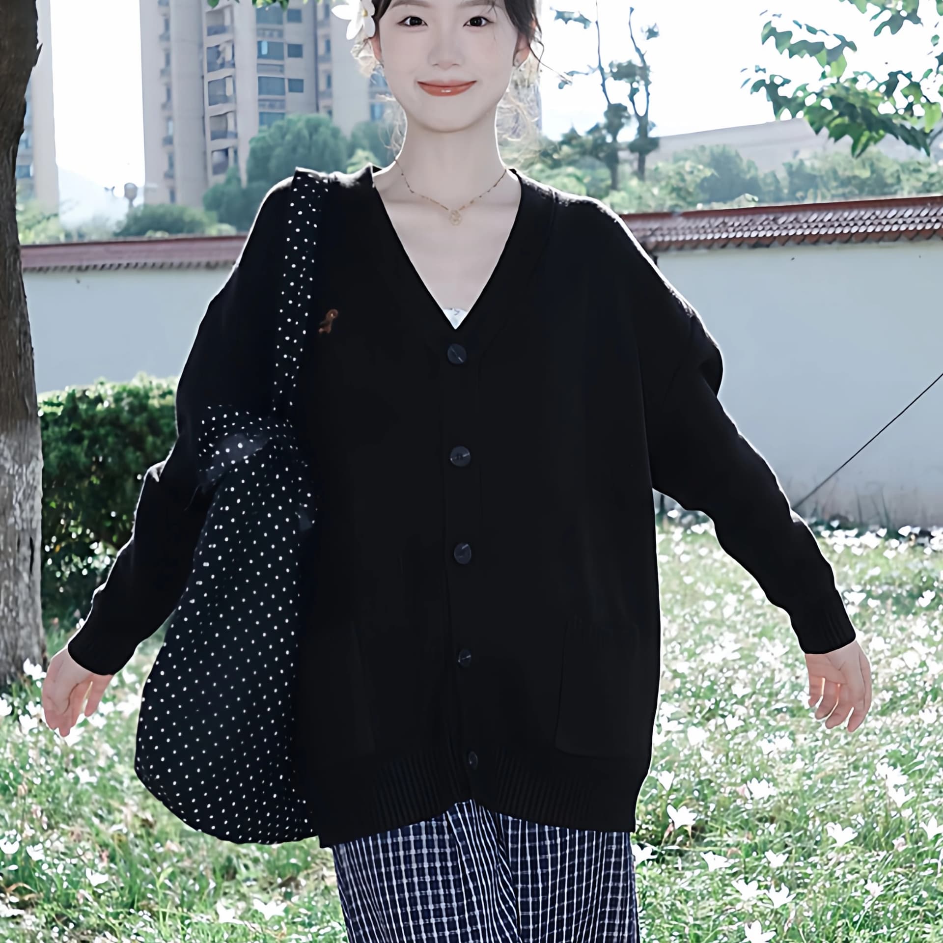느긋한 바람 검정색 V넥 니트 오픈 가디건 여성 이른 봄 고급 센스 부드러운 찹쌀 스웨터 코트 루즈핏 캐주얼 맨위 이미지 3