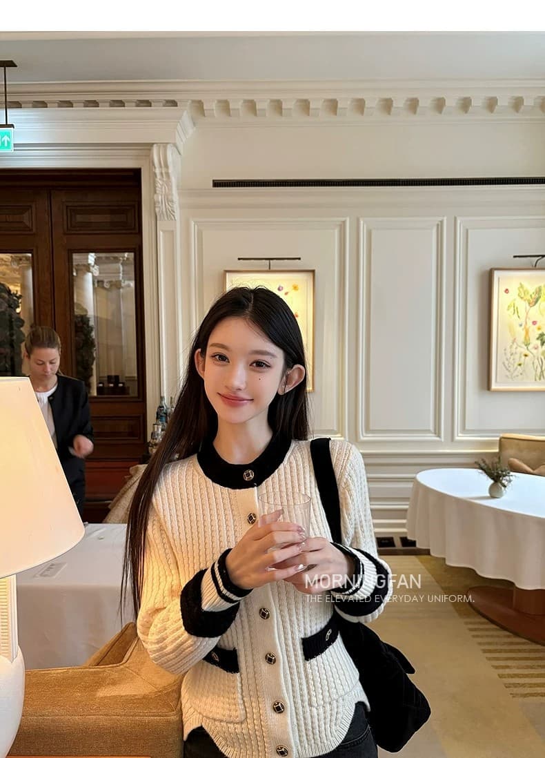 프랑스식 작은 샤넬 스타일 라운드 넥 배색 긴팔 니트 오픈 가디건 여성 가을 겨울철 고급 센스 품격 몸매 가꾸기 슬림해 보이는 맨위 상세 이미지 39