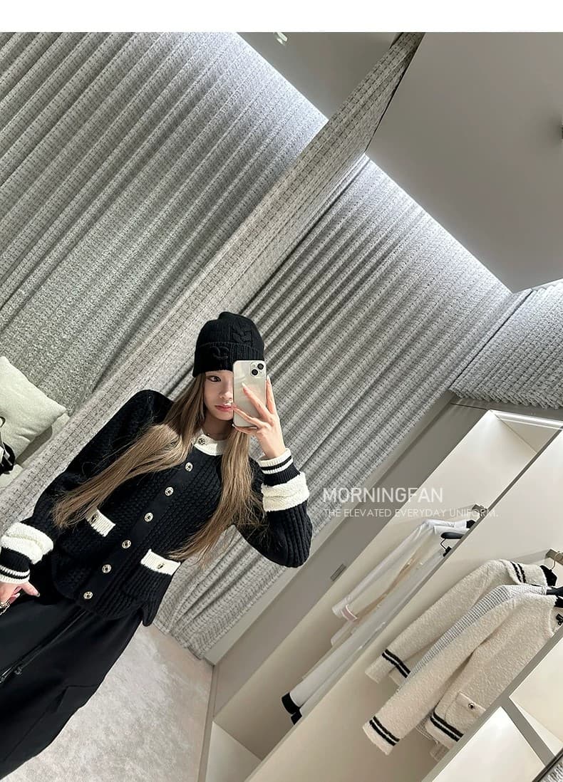 프랑스식 작은 샤넬 스타일 라운드 넥 배색 긴팔 니트 오픈 가디건 여성 가을 겨울철 고급 센스 품격 몸매 가꾸기 슬림해 보이는 맨위 상세 이미지 43