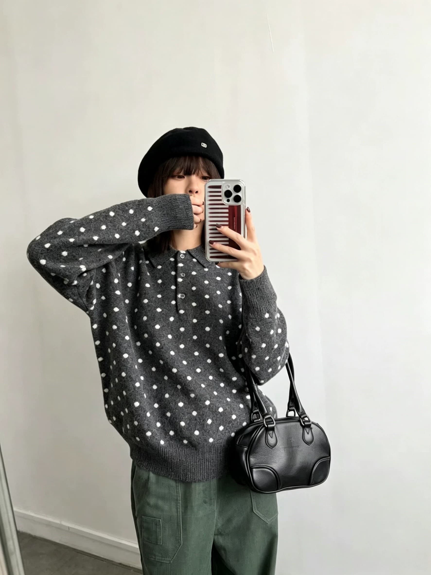 가을 겨울 새로운 한국 스타일 POLO 칼라 레트로 도트 무늬 니트 스웨터 여성 다용도 루즈핏 캐주얼 맨위 슬림해 보이는 스웨터 상세 이미지 5