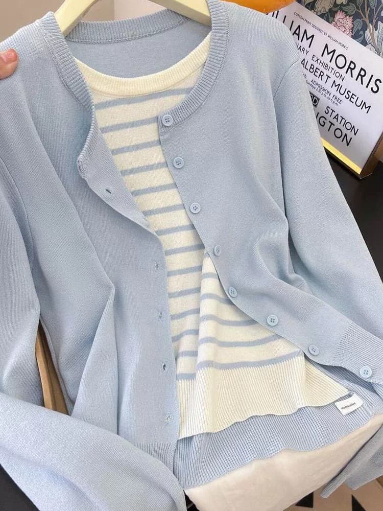 봄과 가을 파란색 스트라이프 페이크 레이어드 긴팔 니트 오픈 가디건 맨위 여성 스트라이프 기본 셔츠 가을 겨울 재킷
