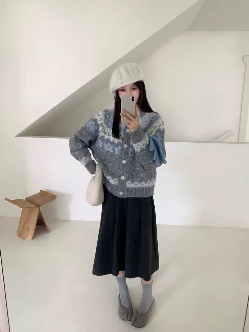 공정한 섬 배색 니트 오픈 가디건 여성 가을 겨울철 고급 센스 느긋한 와이드 부드러운 찹쌀 라운드 넥 두꺼운 스웨터 코트 상세 이미지 5