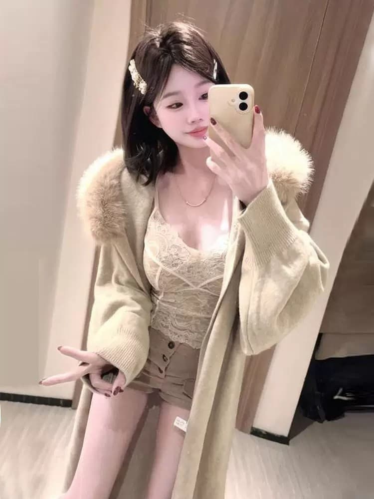 털 모피 칼라 재킷 롱 코트 바람막이 가을 겨울철 니트 오픈 가디건 스웨터 여성 의류 두꺼운 코트 루즈핏 패션 한국 스타일 이미지 2