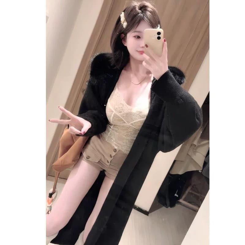 털 모피 칼라 재킷 롱 코트 바람막이 가을 겨울철 니트 오픈 가디건 스웨터 여성 의류 두꺼운 코트 루즈핏 패션 한국 스타일 상세 이미지 1