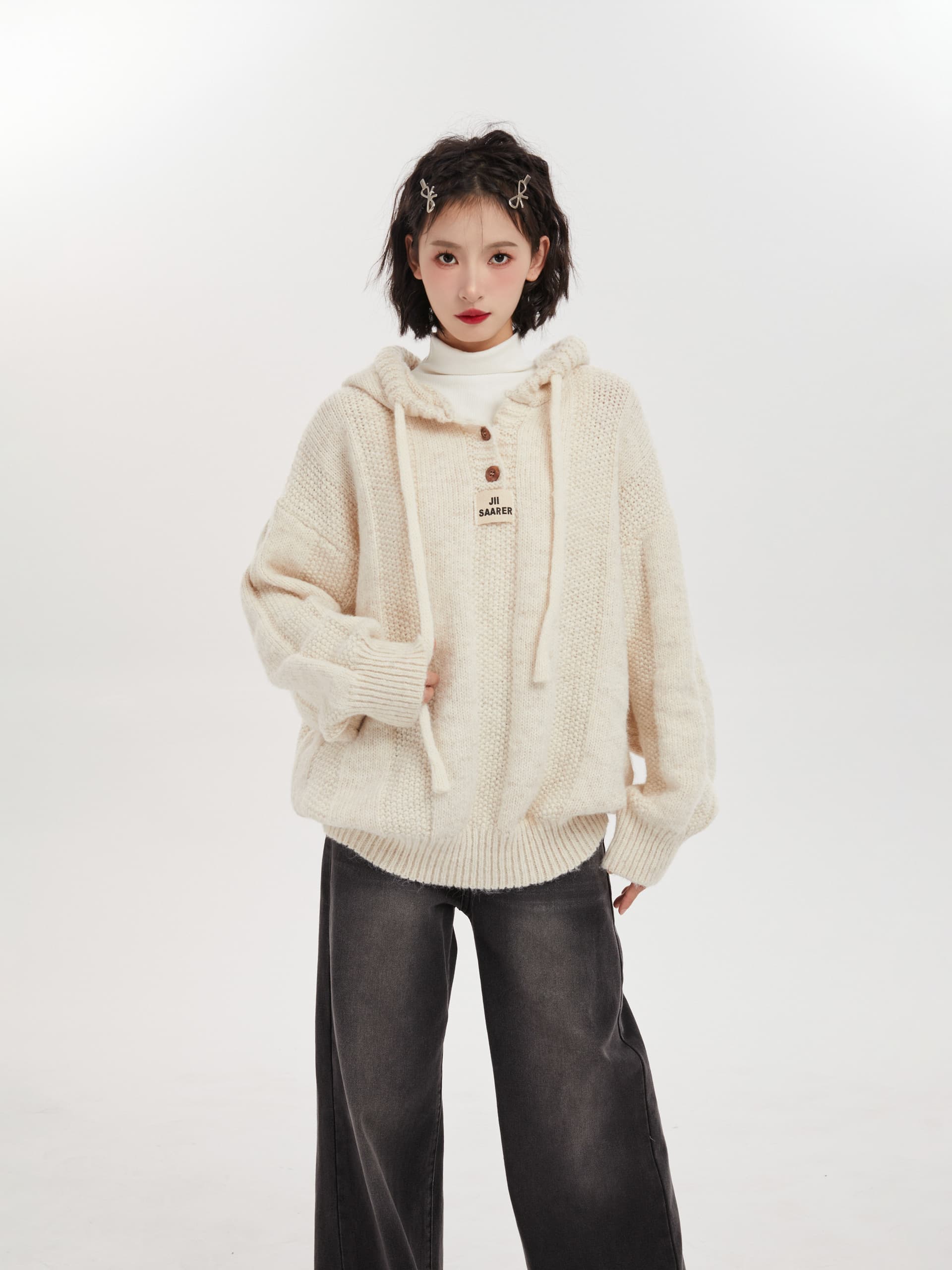 후드 풀오버 여성 코트 조기 가을 한 부서 루즈핏 레트로 느긋한 두꺼운 양모 니트 후드티 상세 이미지 3