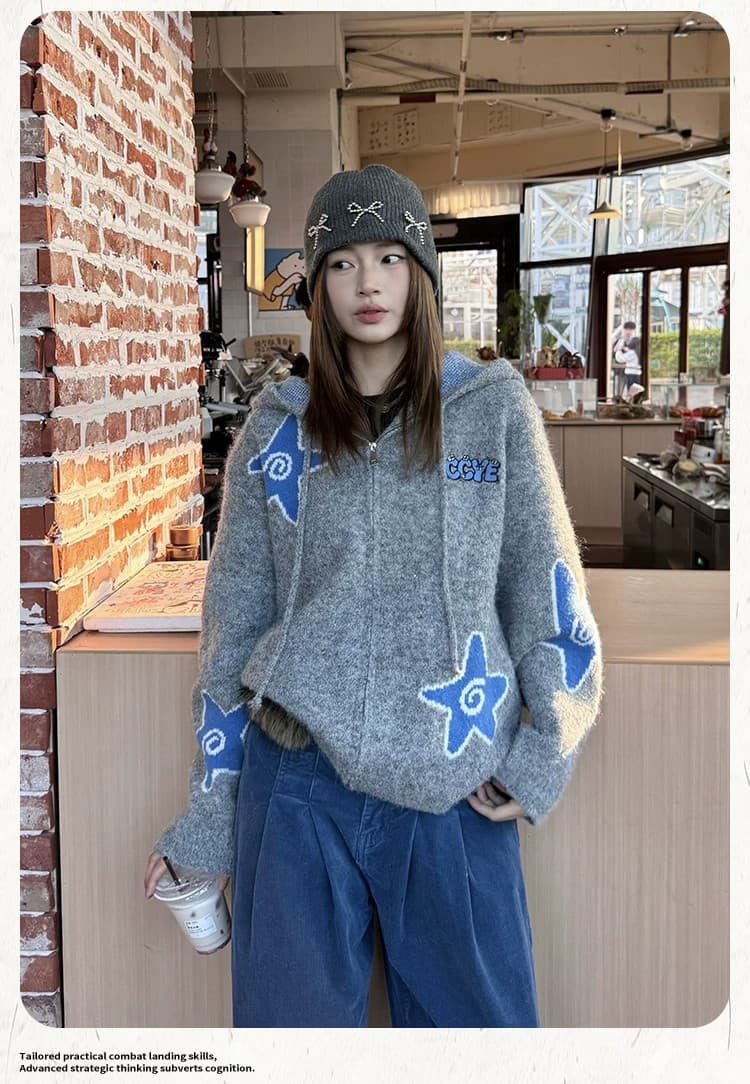 아메리칸 레트로 루즈핏 후드 별 느긋한 바람 오픈 가디건 스웨터 여성 코트 가을 겨울 캐주얼 작은 대중 맨위 상세 이미지 14