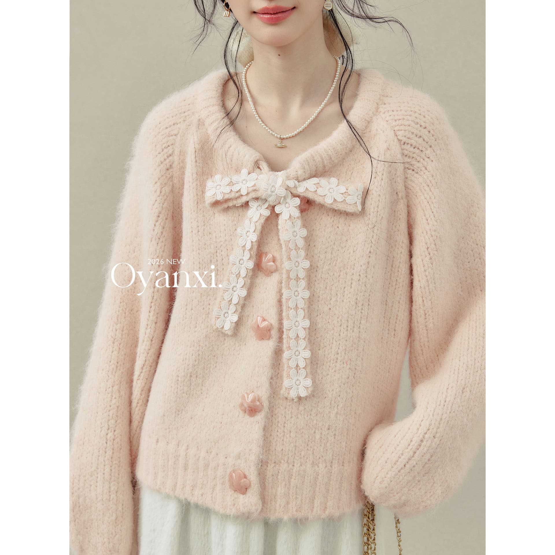 Ouyang 안녕하세요. 분말 동화 나비 매듭 스트랩 여성 가을 겨울철 핑크색 스웨터 모직물 오픈 가디건 인사이드 잡아라. 의류 이미지 5