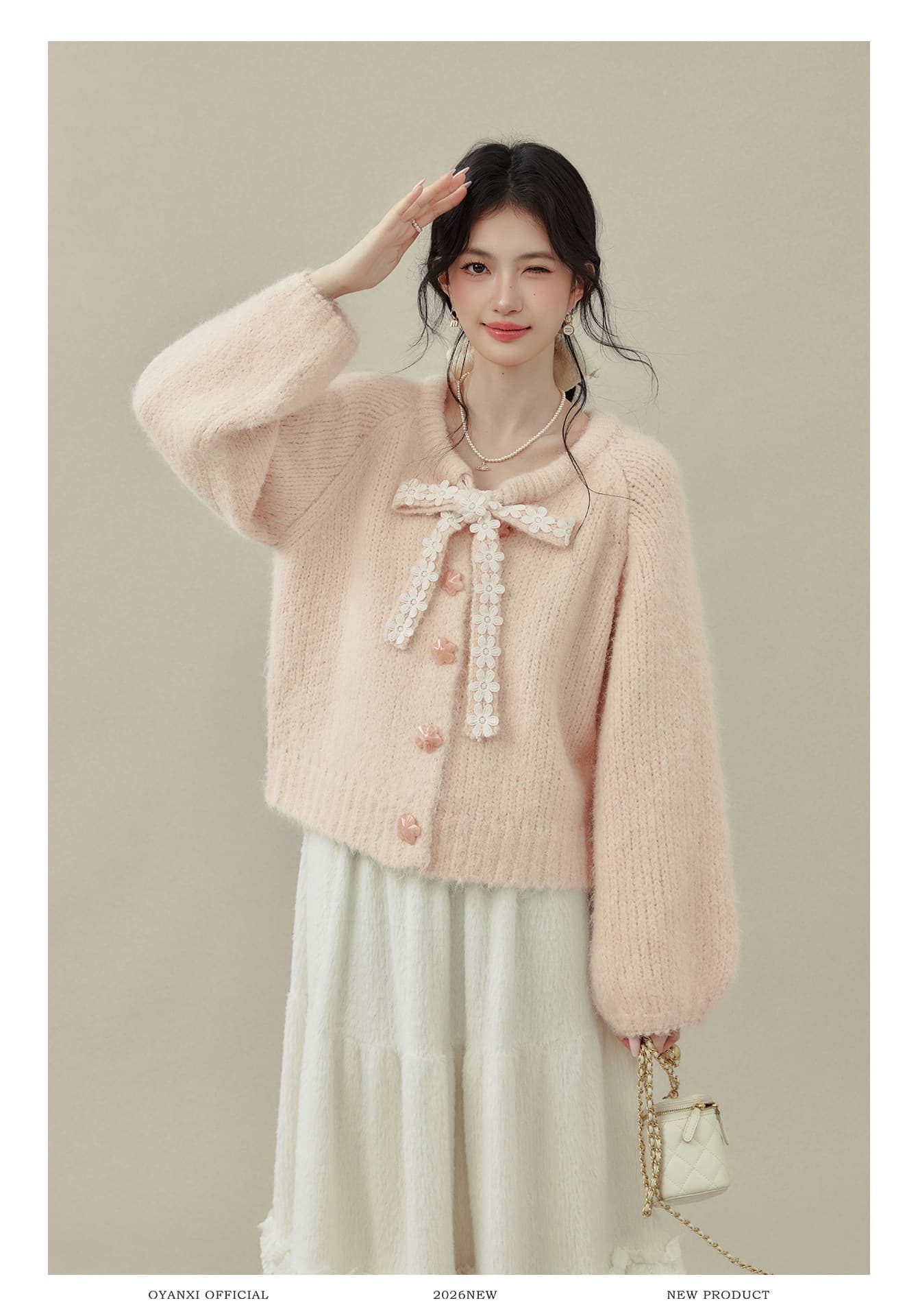 Ouyang 안녕하세요. 분말 동화 나비 매듭 스트랩 여성 가을 겨울철 핑크색 스웨터 모직물 오픈 가디건 인사이드 잡아라. 의류 상세 이미지 17