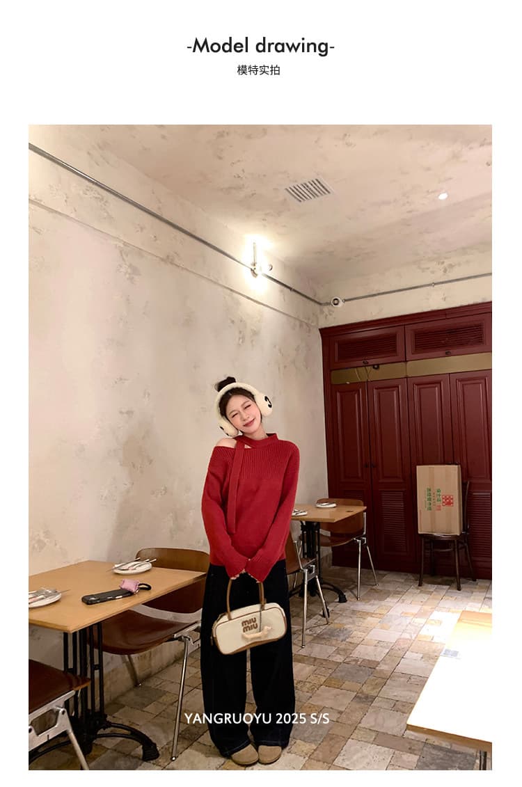 겨울 새로운 디자인 센스 리본 오프숄더 카디건 연령 감소 니트 스웨터 여성 패션 루즈핏 연령 감소 다용도 스웨터 상세 이미지 3