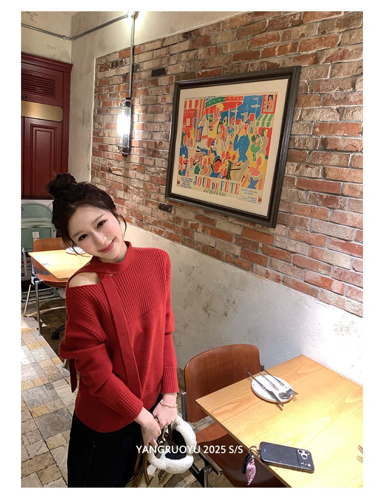 겨울 새로운 디자인 센스 리본 오프숄더 카디건 연령 감소 니트 스웨터 여성 패션 루즈핏 연령 감소 다용도 스웨터 상세 이미지 7