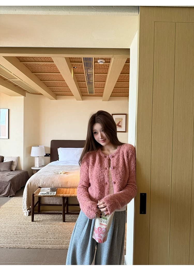 작은 샤넬 스타일 핑크색 두꺼운 루즈핏 오픈 가디건 스웨터 여성 코트 가을 겨울 느긋한 고급 센스 외출용 니트 스웨터 맨위 상세 이미지 2