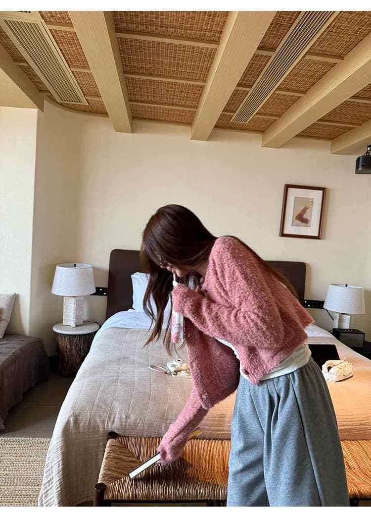 작은 샤넬 스타일 핑크색 두꺼운 루즈핏 오픈 가디건 스웨터 여성 코트 가을 겨울 느긋한 고급 센스 외출용 니트 스웨터 맨위 상세 이미지 12
