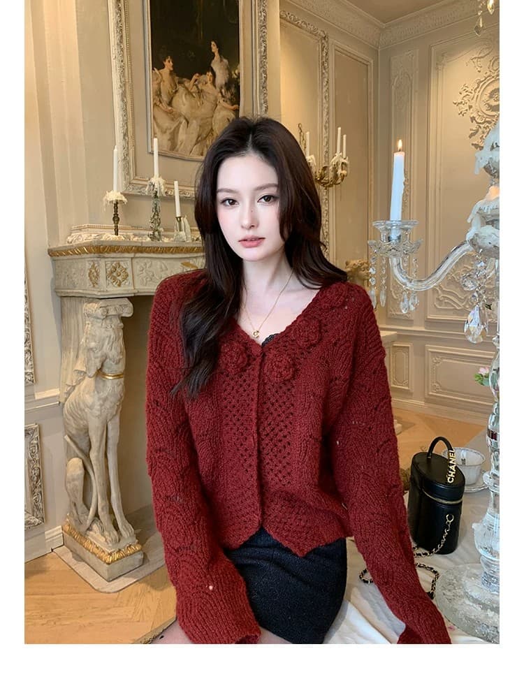 딸기 오픈 가디건 양 양모 혼합 수공 자수 꽃 프랑스식 고대 바람 팬시 홀로우 아웃 니트 스웨터 상세 이미지 40