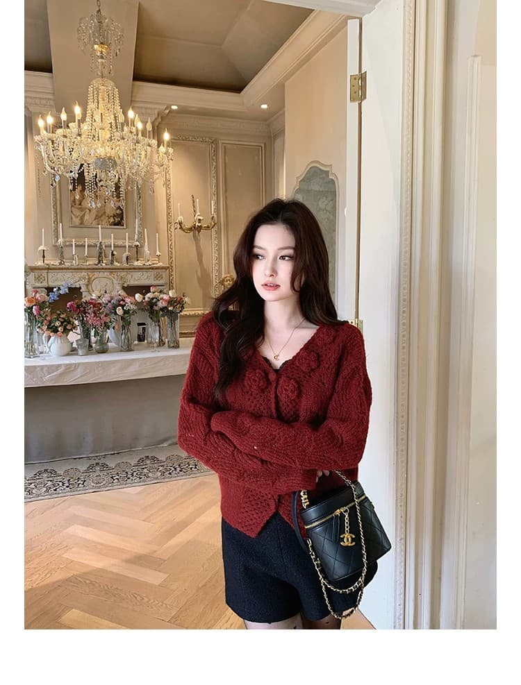 딸기 오픈 가디건 양 양모 혼합 수공 자수 꽃 프랑스식 고대 바람 팬시 홀로우 아웃 니트 스웨터 상세 이미지 46