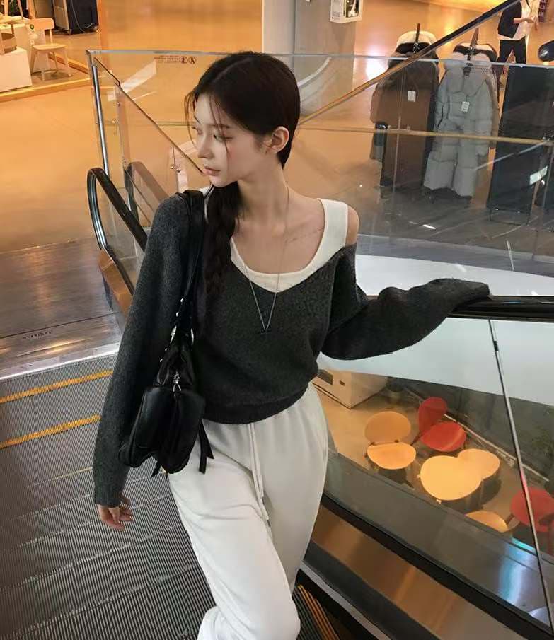 한 부서 가을 여성 의류 새로운 패치워크 페이크 레이어드 풀오버 니트 스웨터 스웨터 상세 이미지 5