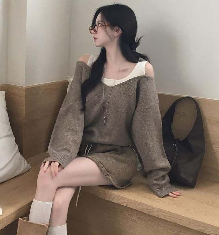 한 부서 가을 여성 의류 새로운 패치워크 페이크 레이어드 풀오버 니트 스웨터 스웨터 상세 이미지 9
