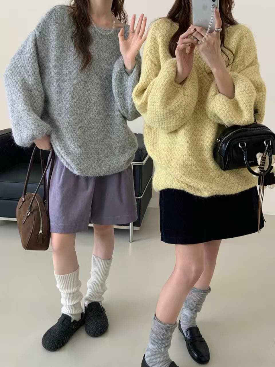 한 부서 스웨터 여성 짧은 풀오버 가을 겨울철 외출용 루즈핏 느긋한 바람 거품 소매 광택 실 니트 스웨터 맨위 이미지 2