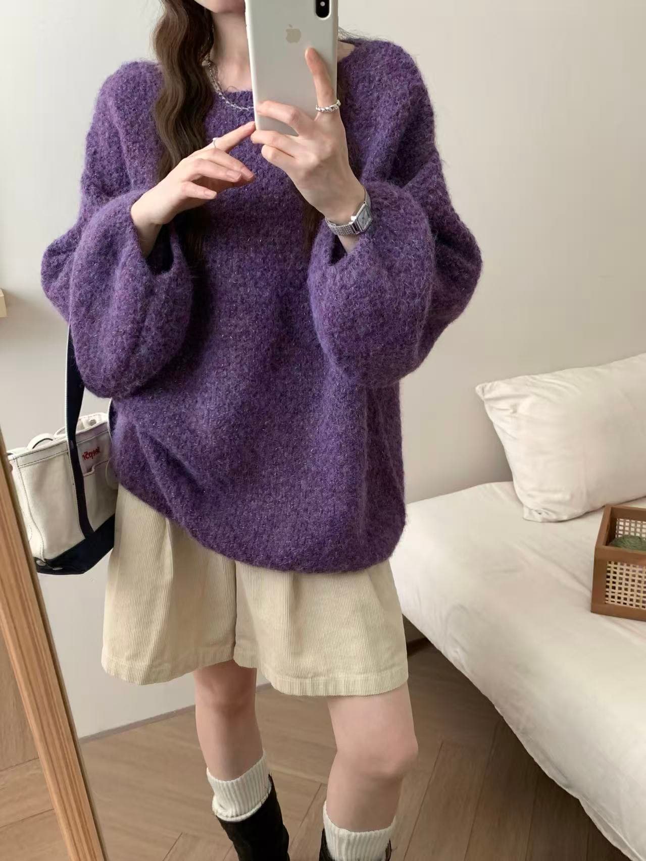 한 부서 스웨터 여성 짧은 풀오버 가을 겨울철 외출용 루즈핏 느긋한 바람 거품 소매 광택 실 니트 스웨터 맨위