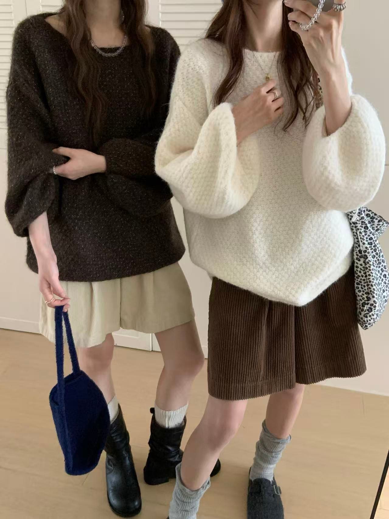 한 부서 스웨터 여성 짧은 풀오버 가을 겨울철 외출용 루즈핏 느긋한 바람 거품 소매 광택 실 니트 스웨터 맨위 이미지 3