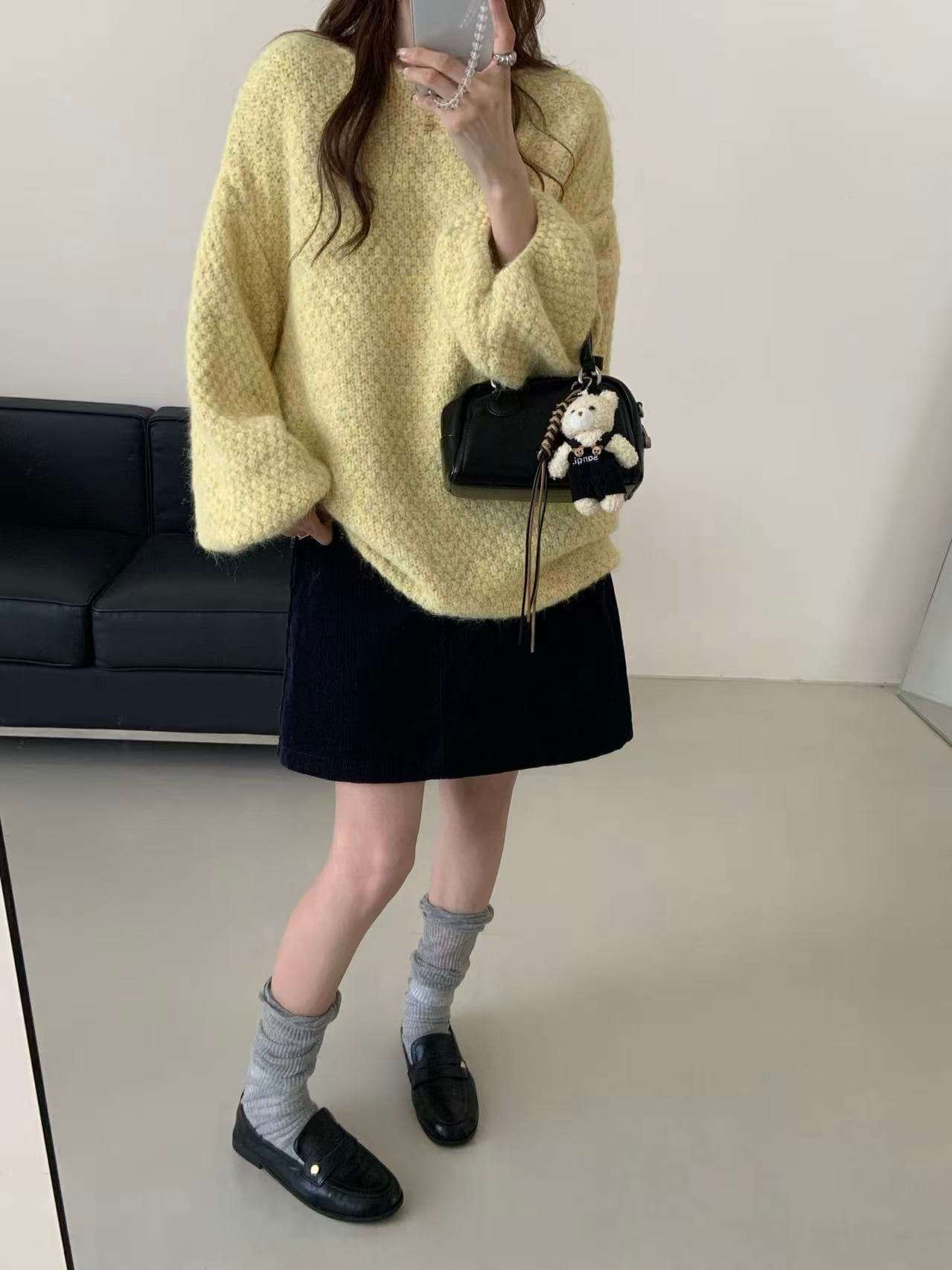 한 부서 스웨터 여성 짧은 풀오버 가을 겨울철 외출용 루즈핏 느긋한 바람 거품 소매 광택 실 니트 스웨터 맨위 상세 이미지 7