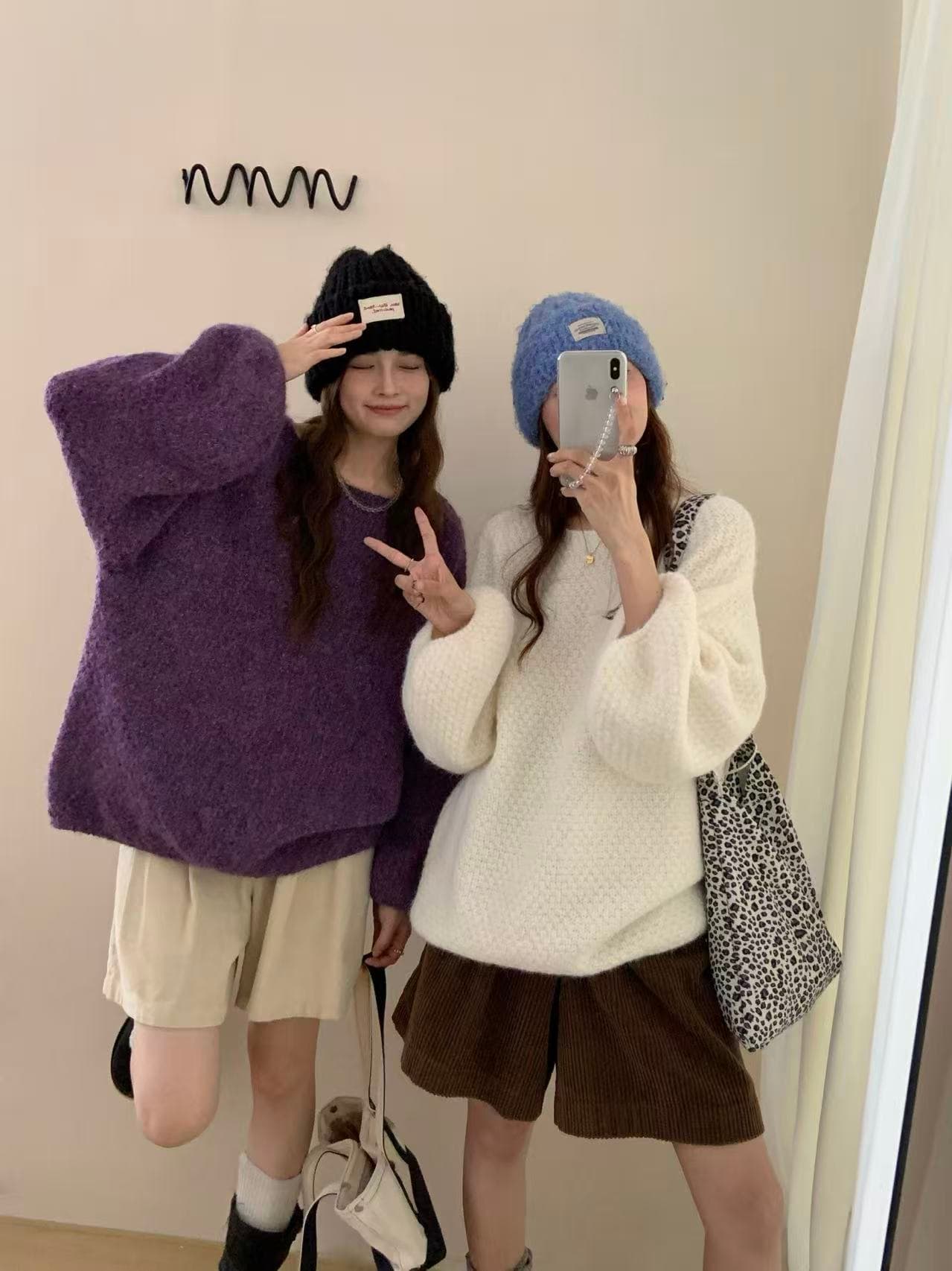 한 부서 스웨터 여성 짧은 풀오버 가을 겨울철 외출용 루즈핏 느긋한 바람 거품 소매 광택 실 니트 스웨터 맨위 상세 이미지 18