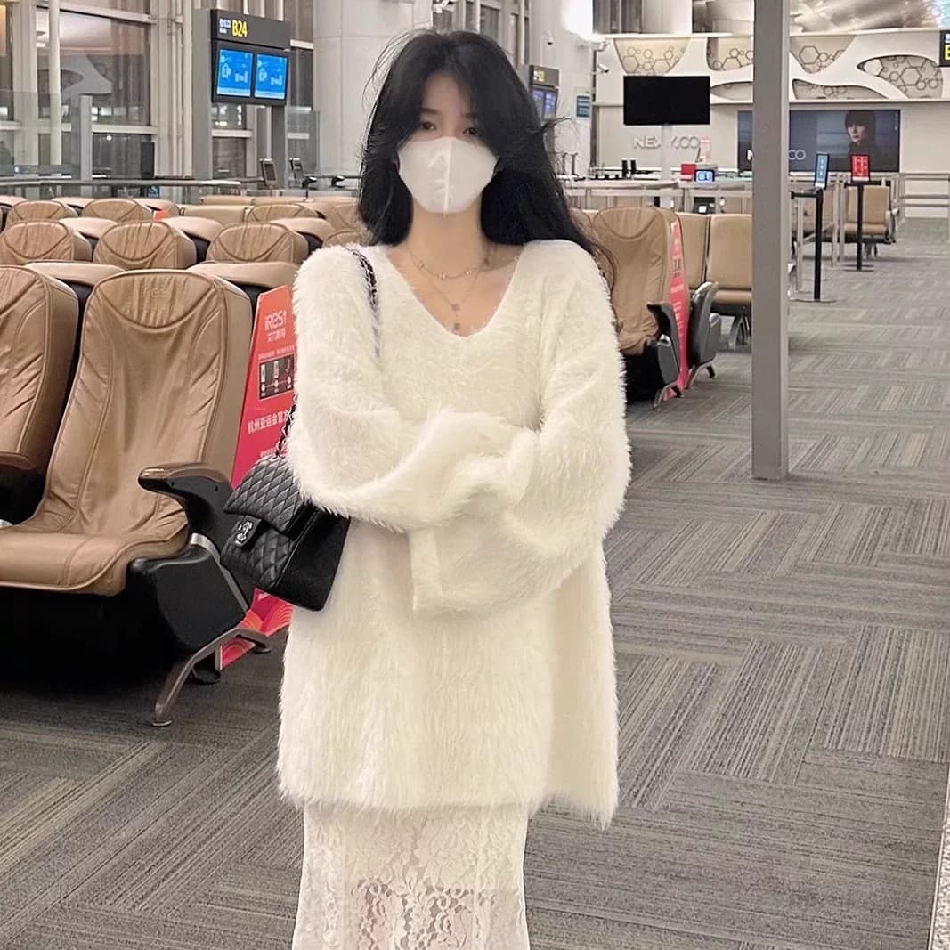 가을 겨울 V넥 루즈핏 느긋한 바람 스웨터 두꺼운 모방 수달 털 여성 코트 보라색 프랑스식 외국 가스 한국 스타일 맨위 이미지 3