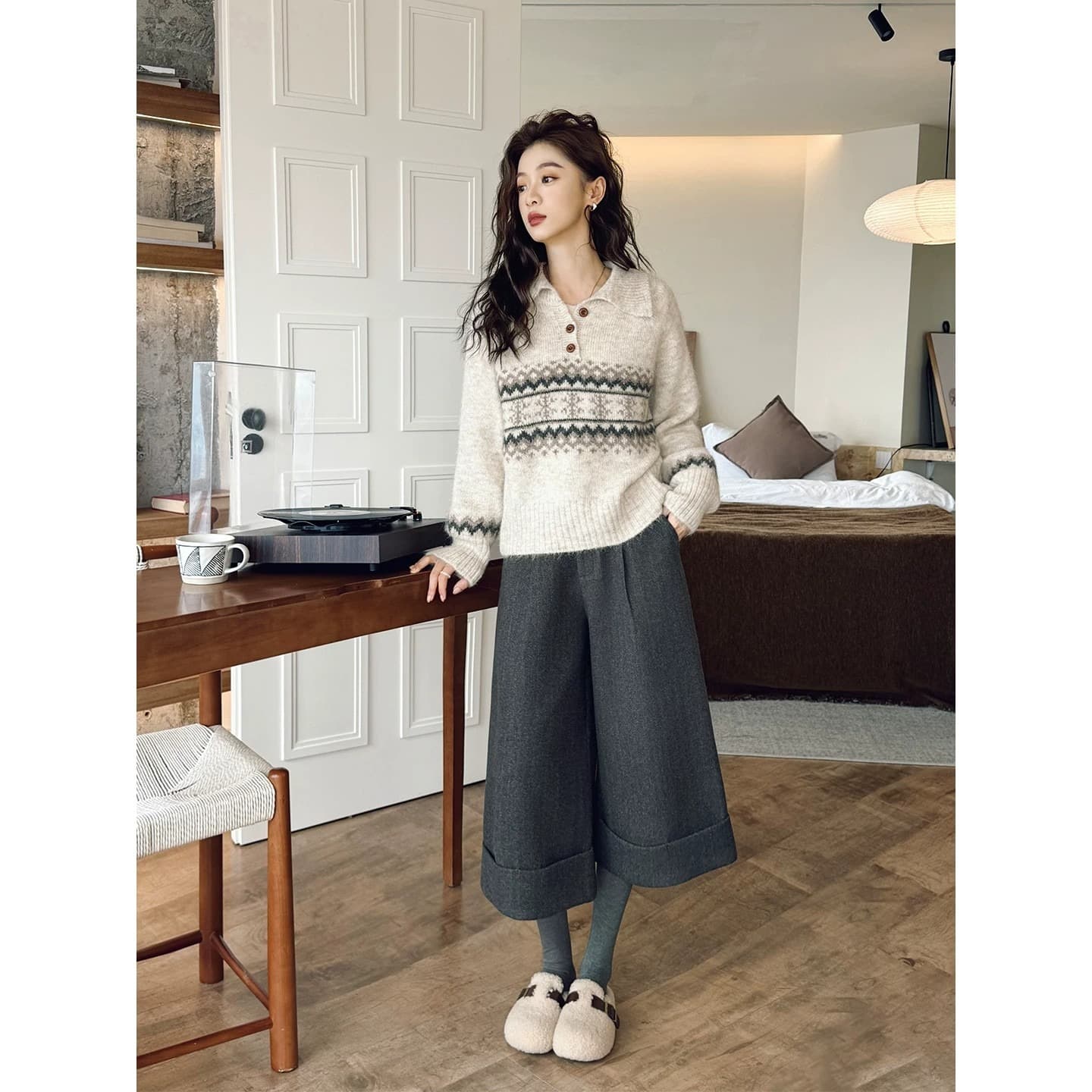 부드러운 오트밀 색상 POLO 칼라 스웨터 겨울 의류 새로운 레트로 느긋한 다용도 루즈핏 공정한 섬 니트 스웨터 이미지 6