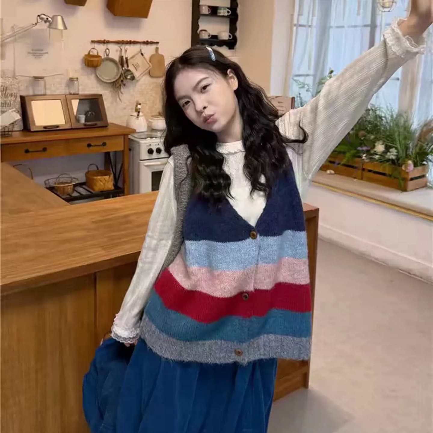 한 부서 레트로 V넥 스트라이프 패치워크 색상 베스트 니트 스웨터 여성 봄 가을 새로운 스택 착용 다용도 슬림해 보이는 민소매 맨위 이미지 2