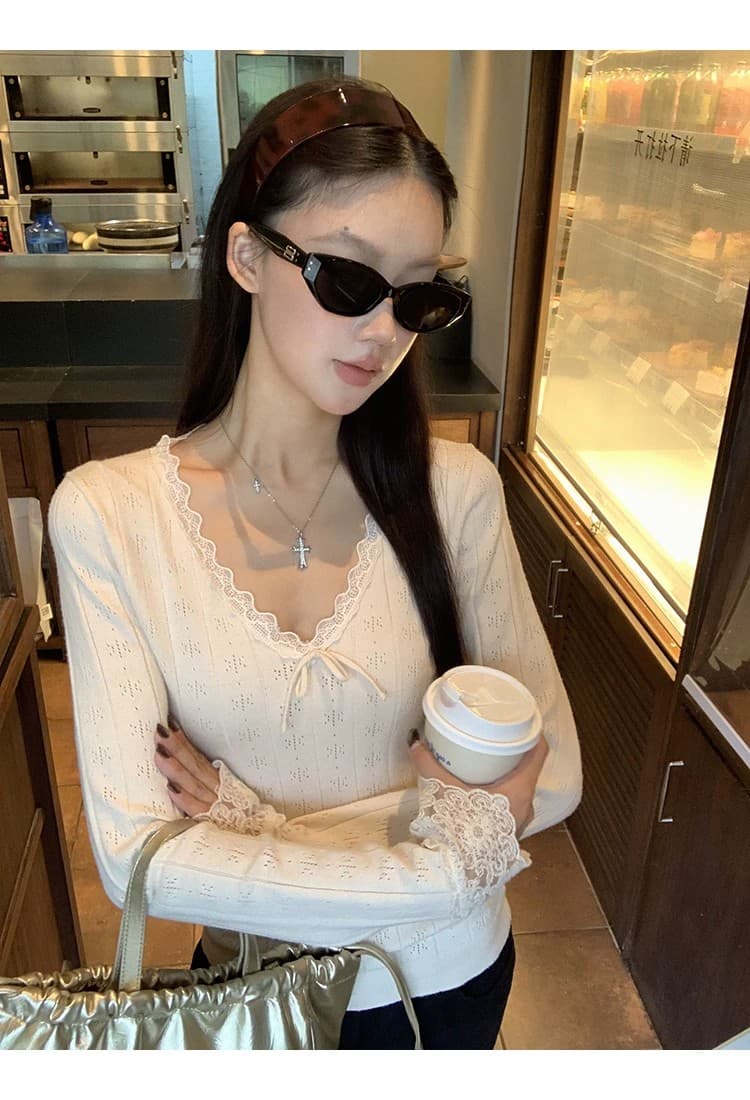 레드 맨 파빌리온 니트 스웨터 여성 가을 겨울철 착용 가져 가라. 레이스 인사이드 잡아라. 의류 한 부서 V넥 몸매 가꾸기 슬림해 보이는 긴팔 스웨터 상세 이미지 4