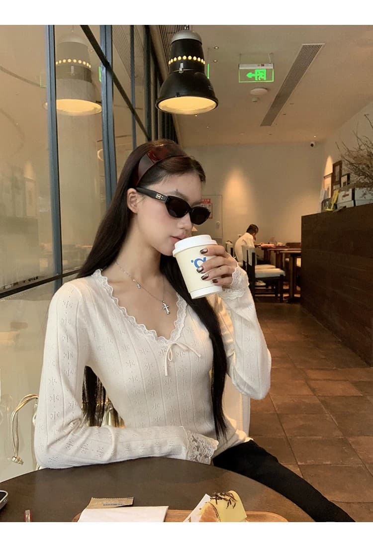 레드 맨 파빌리온 니트 스웨터 여성 가을 겨울철 착용 가져 가라. 레이스 인사이드 잡아라. 의류 한 부서 V넥 몸매 가꾸기 슬림해 보이는 긴팔 스웨터 상세 이미지 5