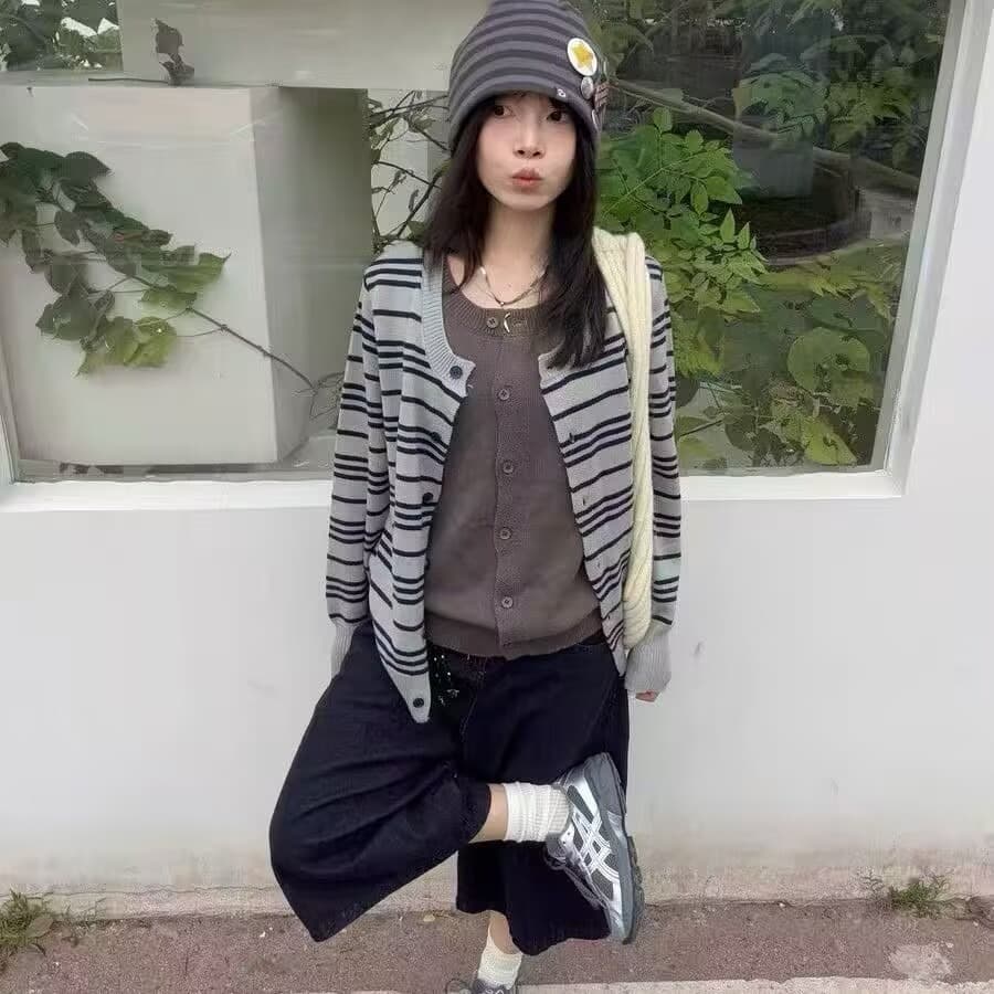 페이크 레이어드 스트라이프 니트 오픈 가디건 여성 한 부서 이른 가을 착용 가져 가라. 느긋한 부드러운 찹쌀 스웨터 코트 루즈핏 캐주얼 맨위 이미지 5
