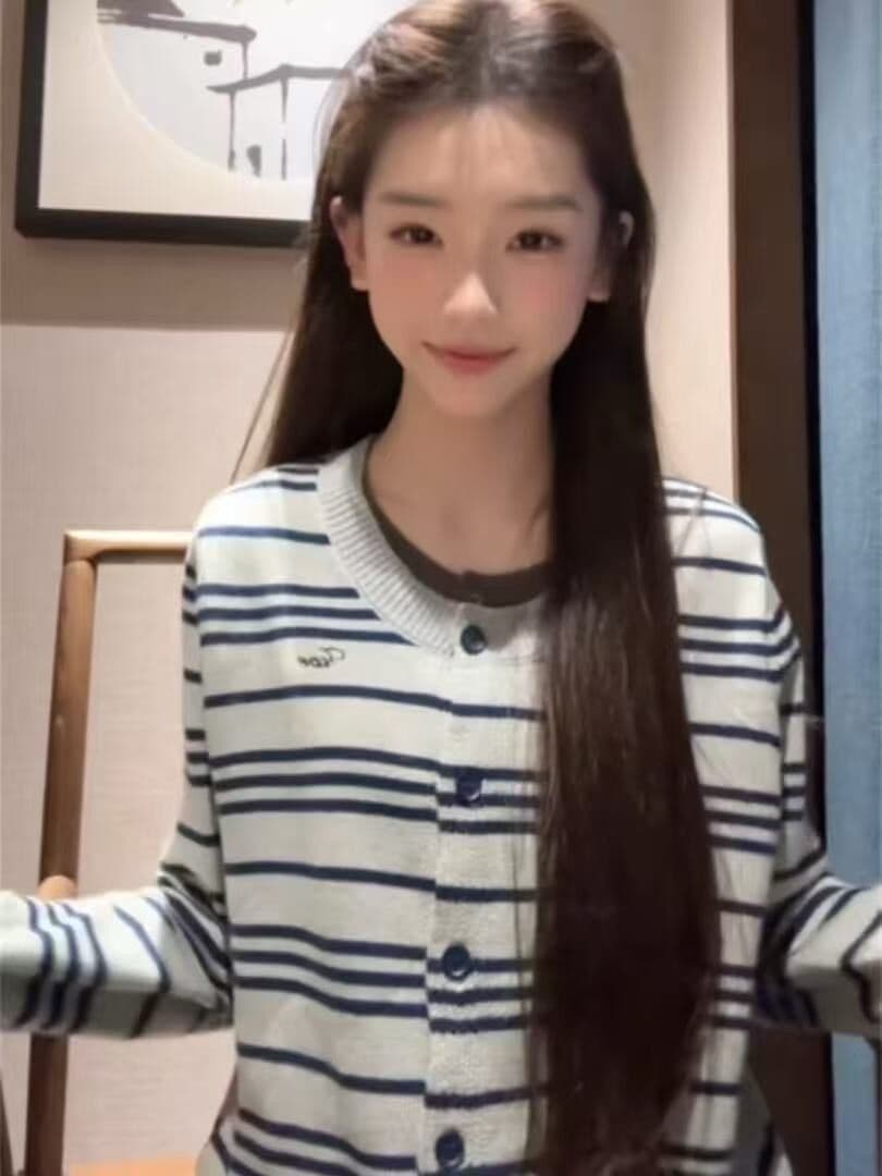 페이크 레이어드 스트라이프 니트 오픈 가디건 여성 한 부서 이른 가을 착용 가져 가라. 느긋한 부드러운 찹쌀 스웨터 코트 루즈핏 캐주얼 맨위 상세 이미지 2
