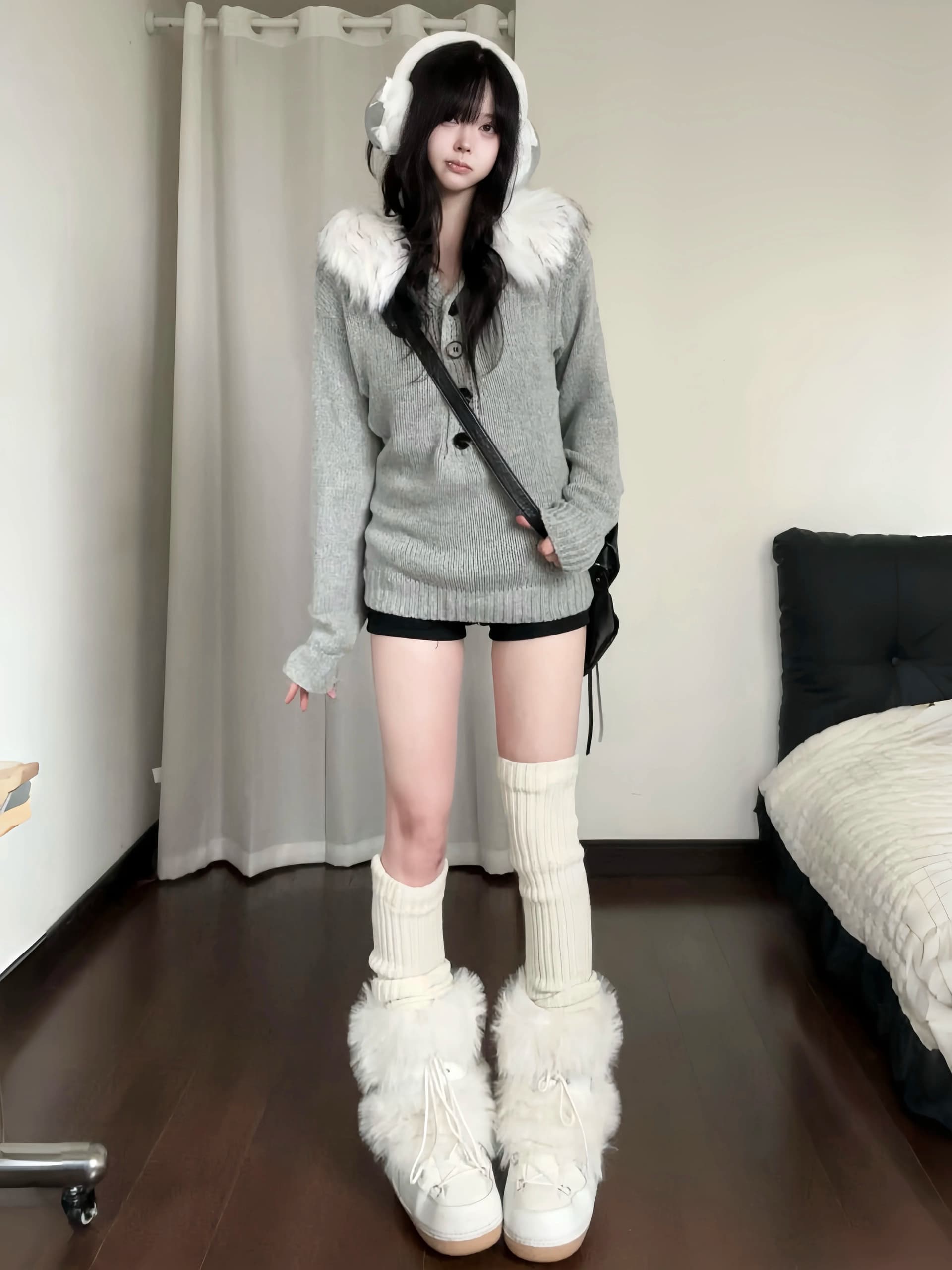 카레 사람들 이른 가을 새로운 한 부서 느긋한 바람 후드 니트 모피 칼라 여성 루즈핏 슬림해 보이는 다용도 스웨터 맨위 상세 이미지 2