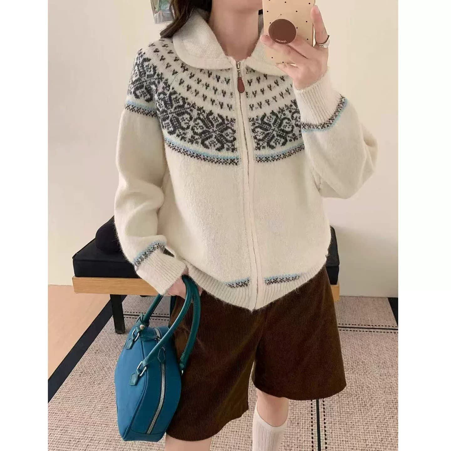 공정한 섬 바람 니트 오픈 가디건 다용도 느긋한 바람 여성 폴로 칼라 지퍼 기하학 패턴 스웨터 루즈핏 슬림해 보이는 재킷 이미지 2
