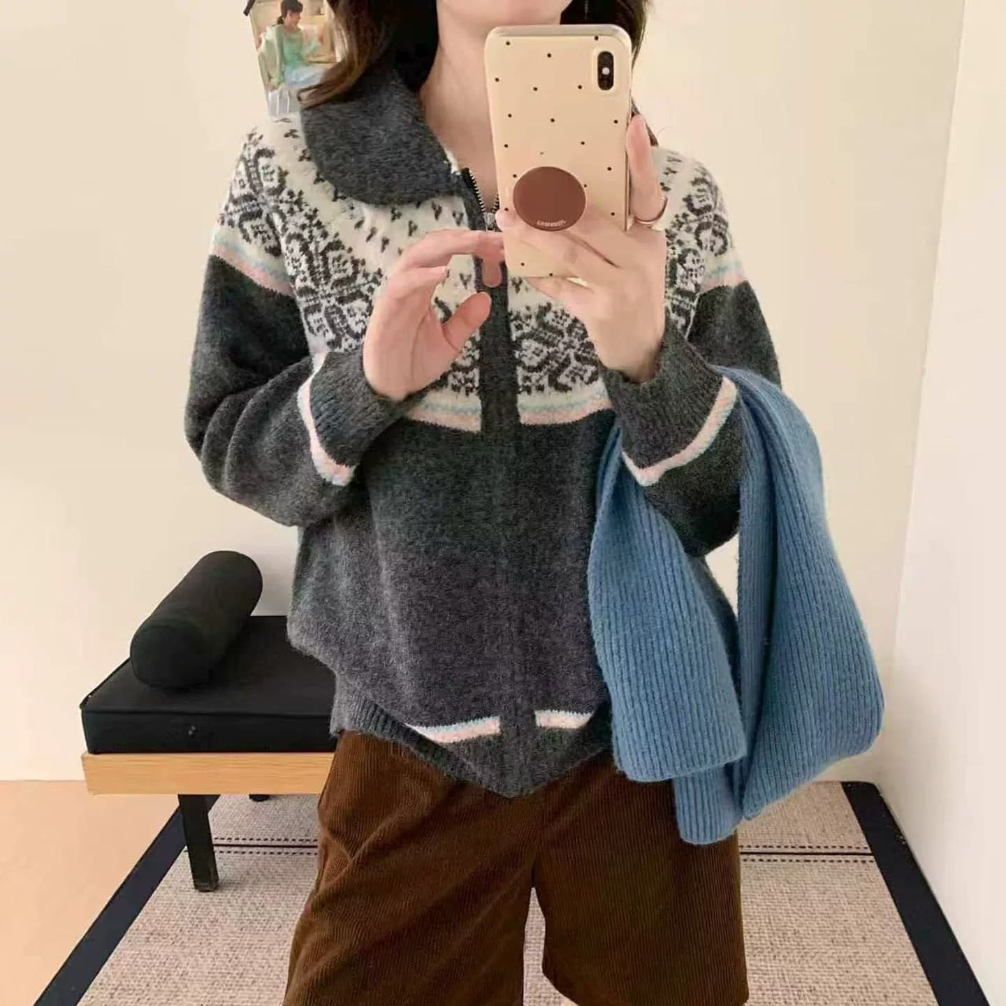 공정한 섬 바람 니트 오픈 가디건 다용도 느긋한 바람 여성 폴로 칼라 지퍼 기하학 패턴 스웨터 루즈핏 슬림해 보이는 재킷 상세 이미지 2